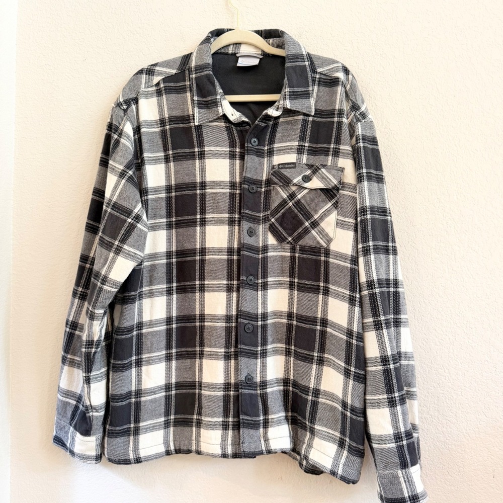 Columbia Mens XL Fleece Lined Flannel Shirt Jacket Black White Plaid Shacket
